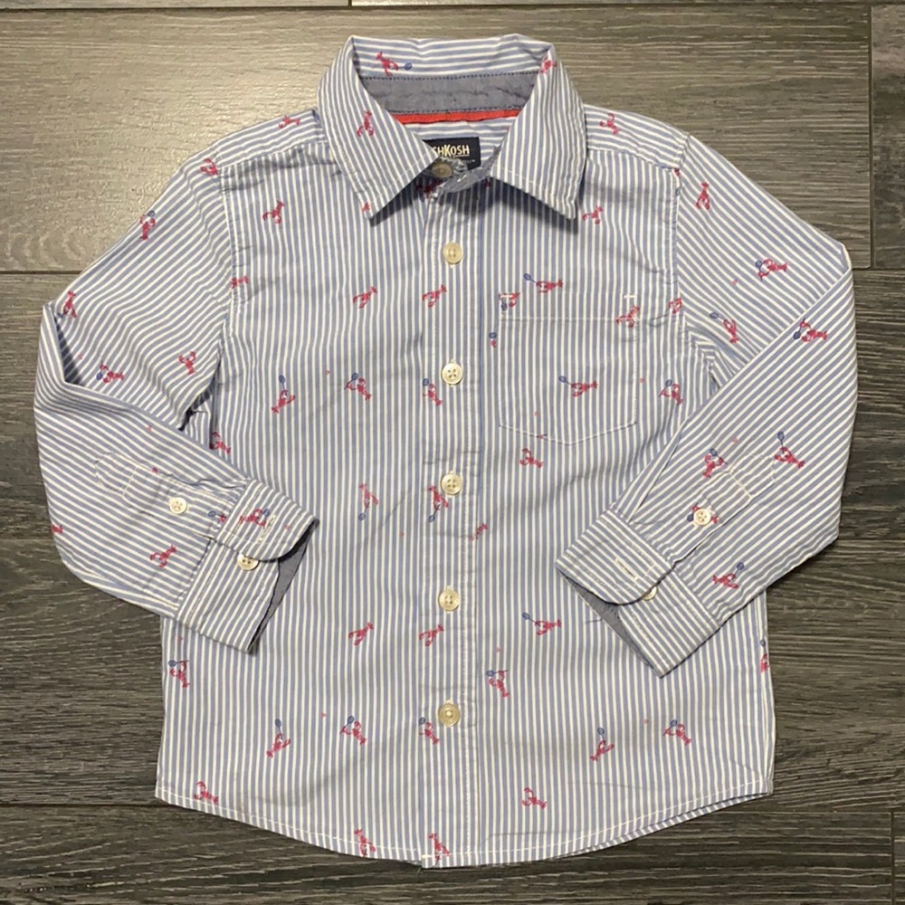 5T Button down collard shirt with little lobsters and stripes. Great condition.
